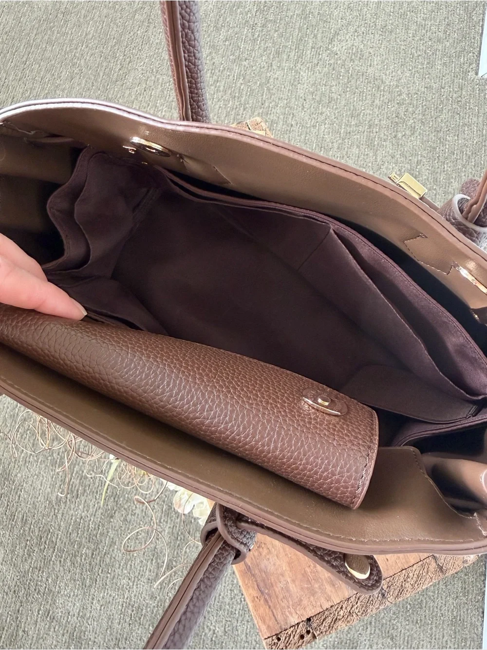 Newbella Brown Pebbled Leather Satchel with Gold Accents